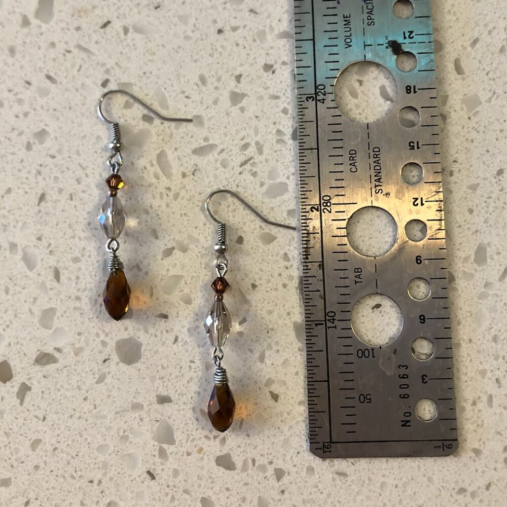 Handmade Dangle Earrings with Brown & Clear Crystal Beads - Picture 2 of 2